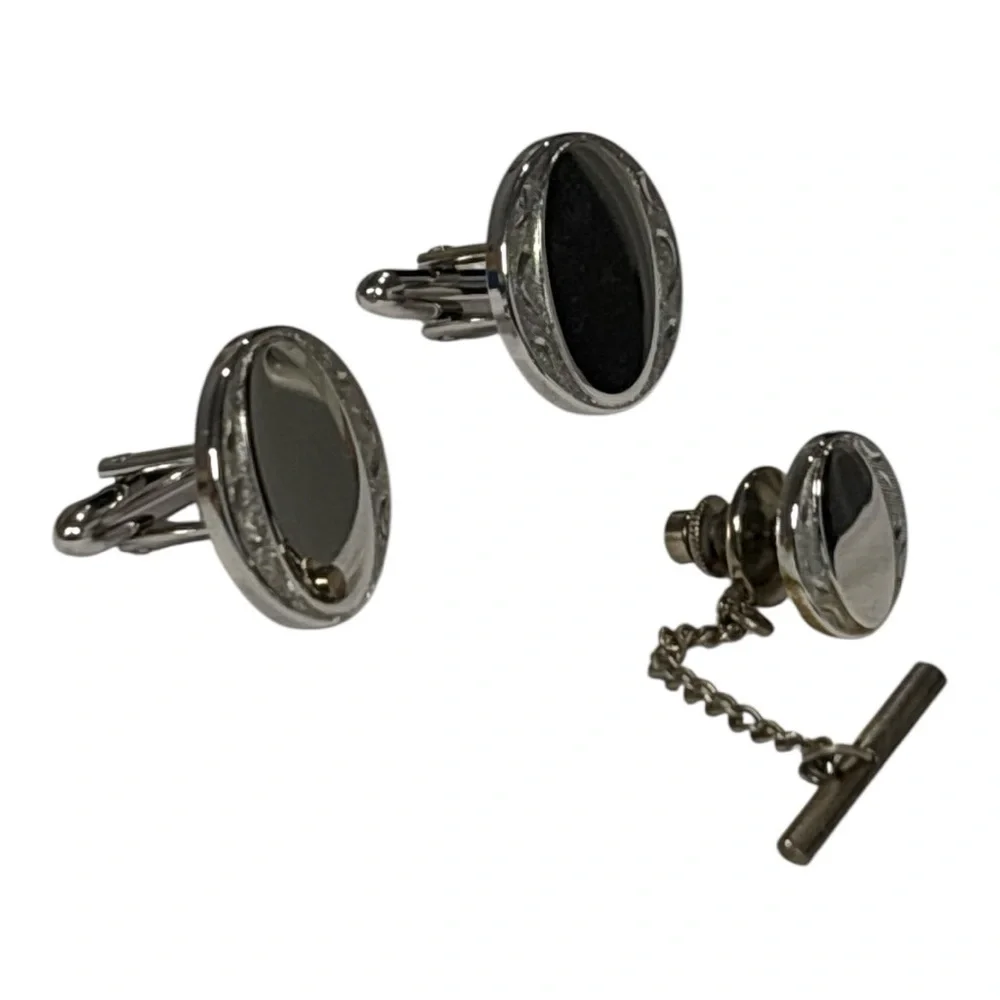 Vintage Swank Silver-Tone Cufflinks and Tie Clip Set Classic Men’s Accessories